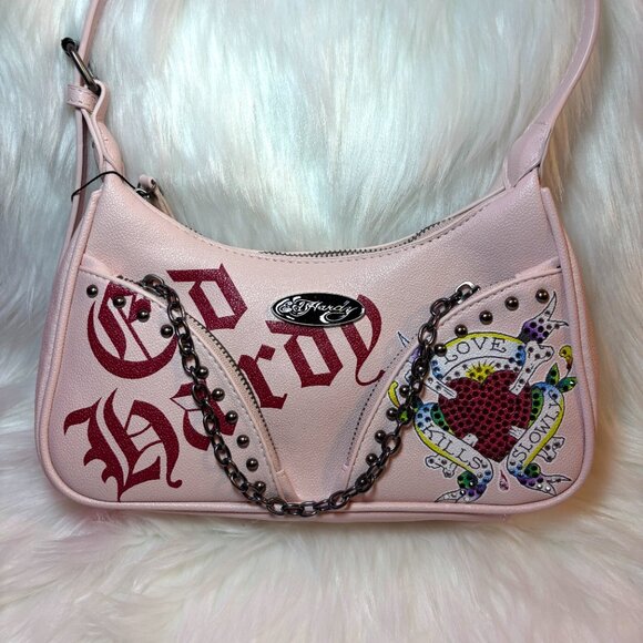 NEW Ed Hardy Shoulder Bag Pink Love Kills Slowly Sequin Red Heart - Picture 2 of 6
